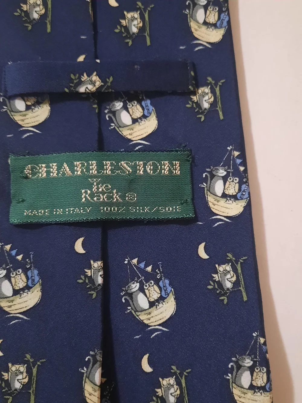 Charleston Tie Rack Navy Blue 100% Silk Whimsical Owl & Moon Print Men's Tie